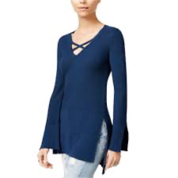 Free People Blue Long Sleeve Criss-Cross Tunic Size Small - Picture 1 of 7